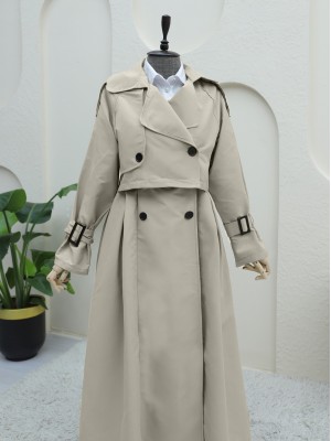 Eteği Pliseli Bolerolu Kemerli Trençkot -Taş