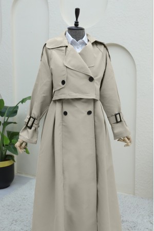 Eteği Pliseli Bolerolu Kemerli Trençkot -Taş