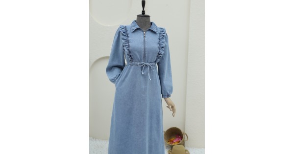 Half Zipper Tunnel Laced Denim Dress