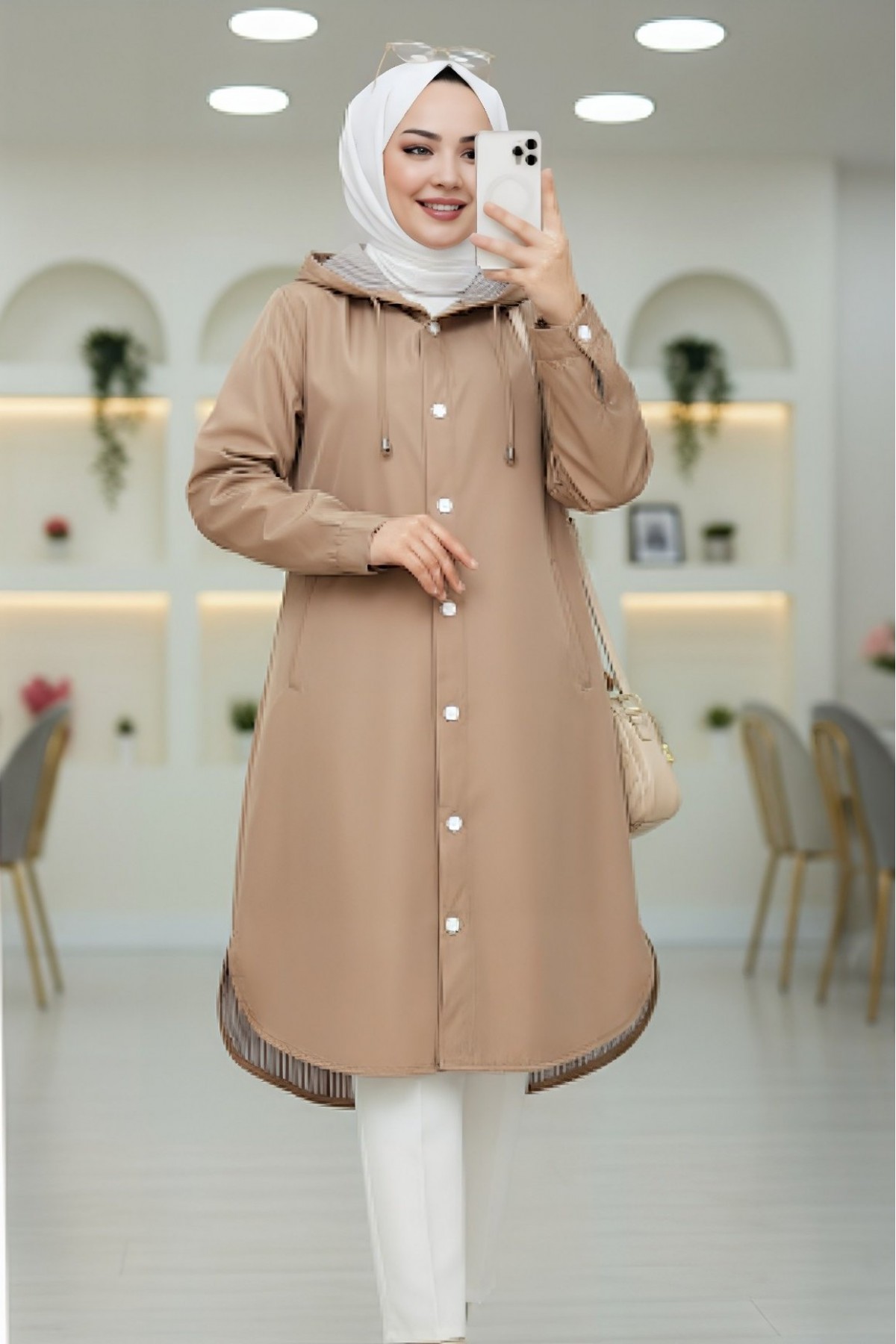 Hooded Trench Coat with Striped Lining and Side Pockets -Mink color