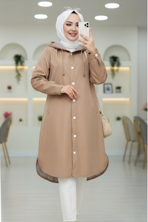 Astarı Çizgili Yan Cepli Kapşonlu Trençkot -Vizon