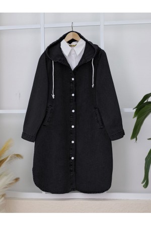 Kapşonlu Düğmeli Oval Kesim Kot Kap  -Siyah