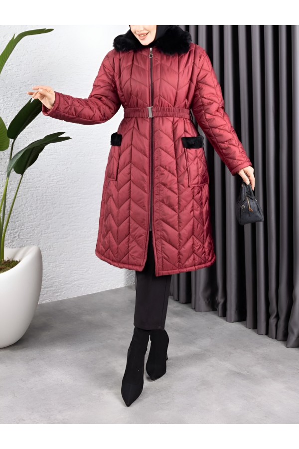 Yakası Kürklü Kemerli Cepli Kapitone Kaban   -Bordo