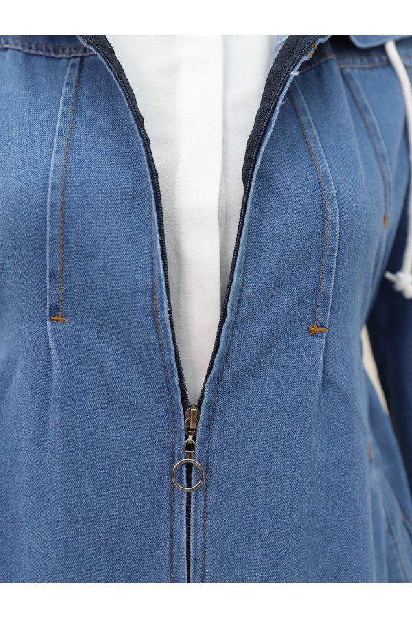 Pleated Front, Elastic Side, Hooded Denim Coat -Dark blue