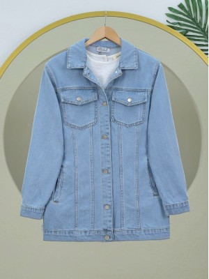 Önden Kapaklı Cepli Kot Ceket -Buz Mavi