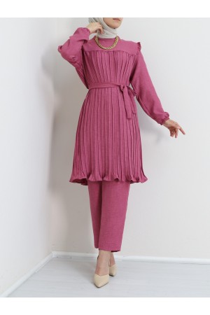 Yoke Pleated Waist Tied Double Suit -Fuchsia