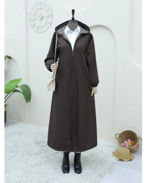 Metal Detailed Zippered Hooded Trench Coat  -Brown