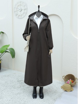 Metal Detaylı Fermuarlı Kapşonlu Trenckot  -Kahve