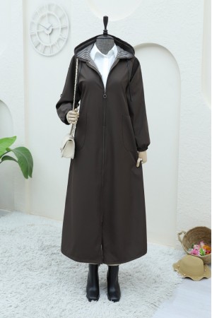 Metal Detaylı Fermuarlı Kapşonlu Trenckot  -Kahve