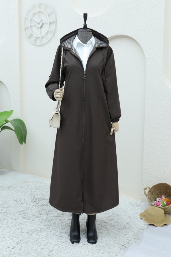 Metal Detailed Zippered Hooded Trench Coat  -Brown
