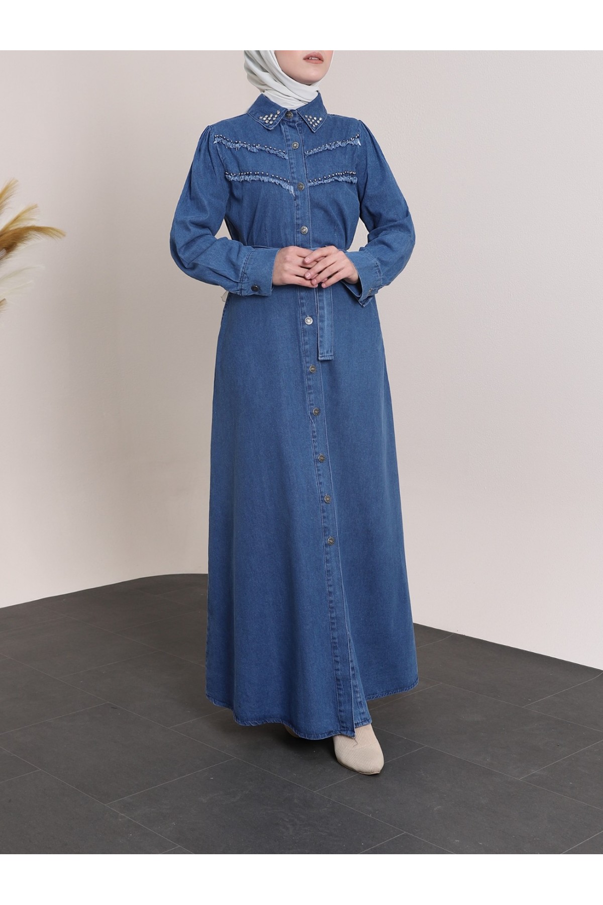 Vintage Denim Dress with Stones on the Collar and Chest -Dark blue