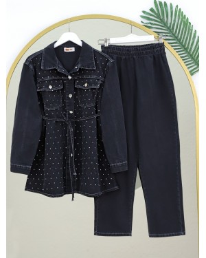 Serpme Taşlı Düğmeli Ceket Pantolon Kot Takım  -Siyah