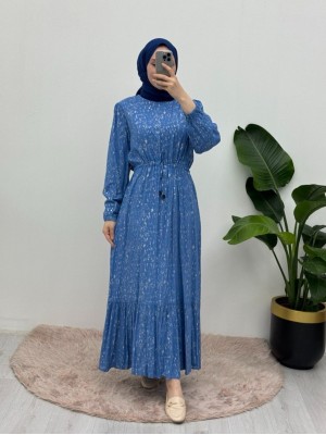 Kırçıllı Belden Büzgülü Elbise -Mavi