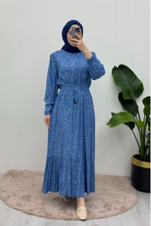 Kırçıllı Belden Büzgülü Elbise -Mavi