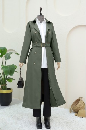 Çift Düğmeli Kemerli Trençkot -Haki