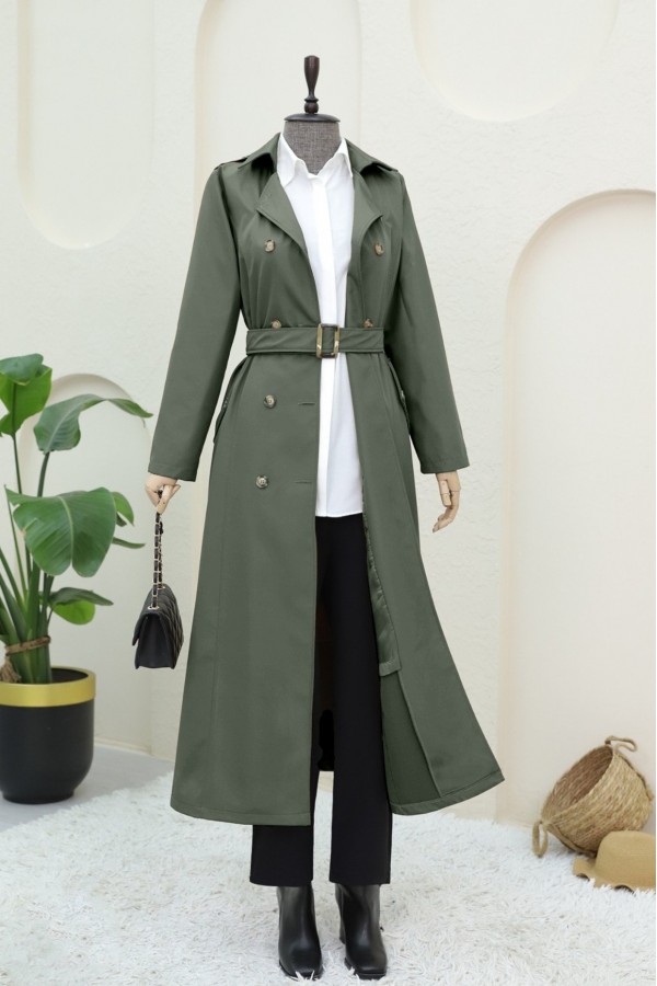 Double Buttoned Belted Trench Coat -Khaki