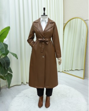 Lace-Up Buttoned Leather Trench Coat -Snuff