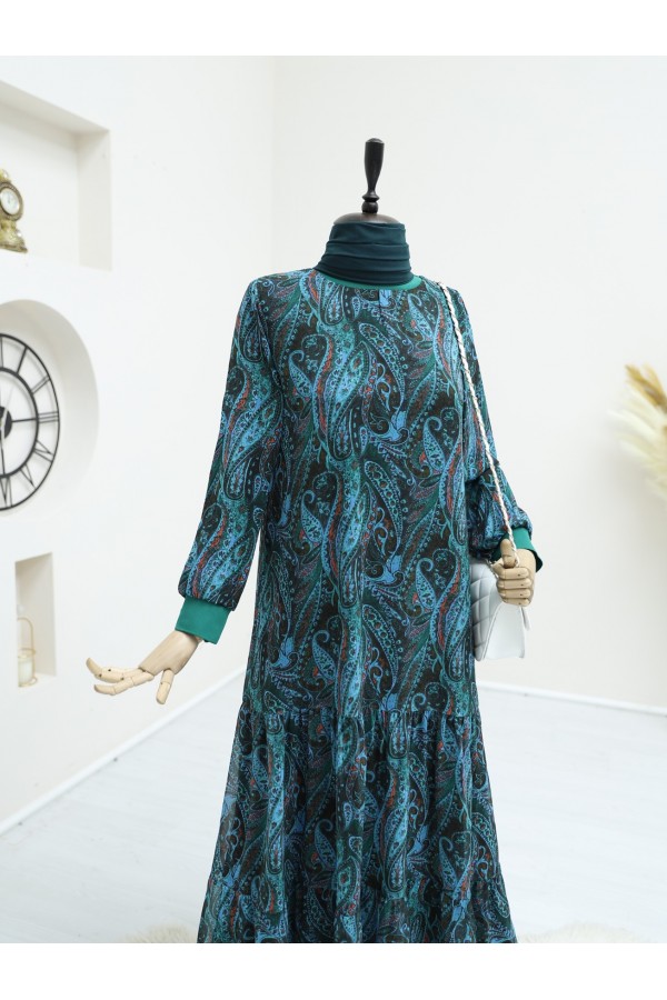 Ethnic Pattern Skirt Piece Lined Chiffon Dress   -Green