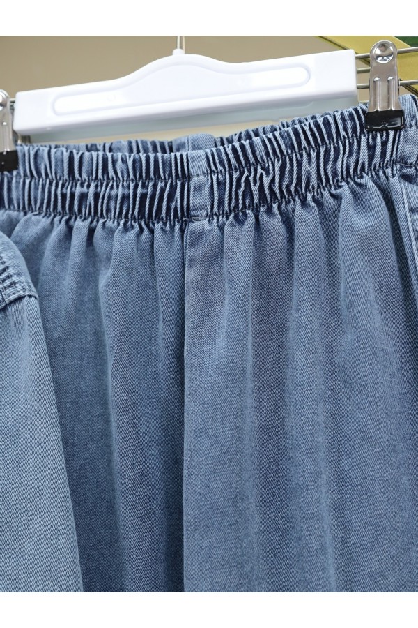 Beli Lastikli Boydan Düğmeli Ceket Pantolon Kot Takım -Buz Mavi