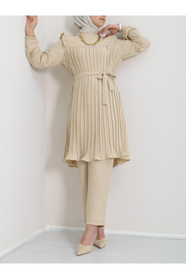Yoke Pleated Waist Tied Double Suit - Beige