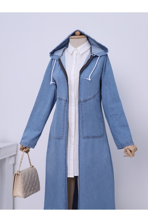 Hooded Side Pockets Jeans Cap -Light blue