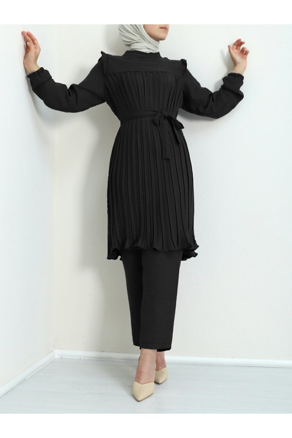 Yoke Pleated Waist Tied Double Suit -Black