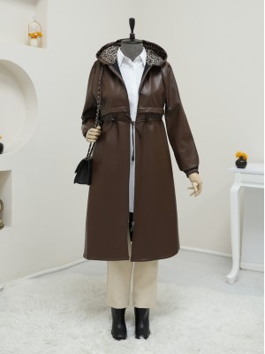 Tünel Bağcıklı Kapşonlu Fermuarlı Deri Kap -Kahve