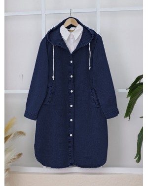 Kapşonlu Düğmeli Oval Kesim Kot Kap   -Laci