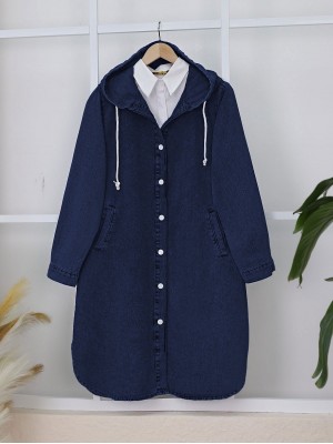 Kapşonlu Düğmeli Oval Kesim Kot Kap   -Laci