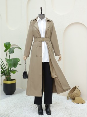 Double Buttoned Belted Trench Coat -Mink color