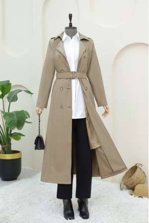 Çift Düğmeli Kemerli Trençkot -Vizon