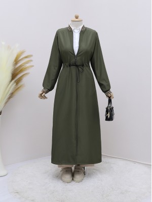 Beli Tünel Bağcıklı Cepli Trenckot -Haki