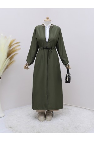 Beli Tünel Bağcıklı Cepli Trenckot -Haki