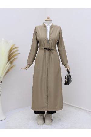 Beli Tünel Bağcıklı Cepli Trenckot -Açık Vizon
