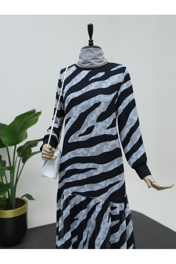 Zebra Pattern Skirt Partial Lined Chiffon Dress -Black