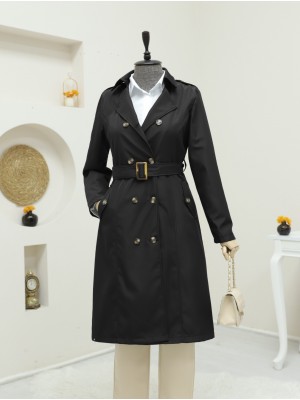 Düğmeli Kemerli Ara Boy Trençkot -Siyah