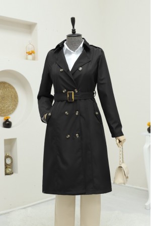 Düğmeli Kemerli Ara Boy Trençkot -Siyah