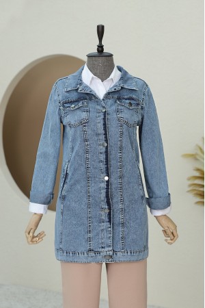  Cep Detaylı Random yıkama Kot ceket -Buz Mavi