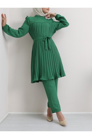 Yoke Pleated Waist Tied Double Suit -Green