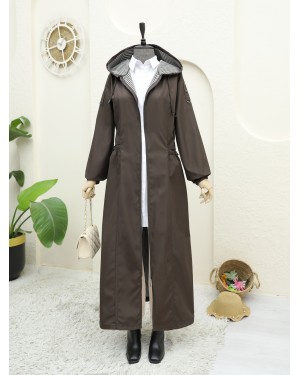 Long Trench Coat with Snap Pocket and Full Zipper -Dark Coffee