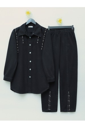 Double Denim Suit with Slits and Stone Detail  -Black