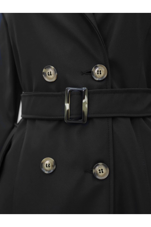 Double Buttoned Belted Trench Coat -Black
