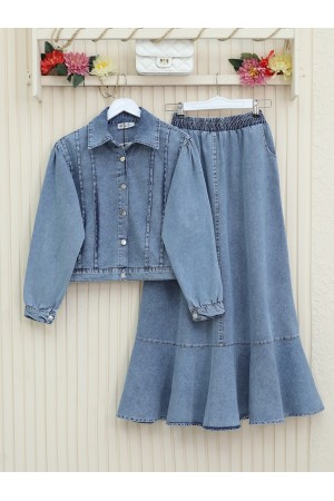 Etek Ucu Volanlı Düğmeli Ceketli Kot takım -Buz Mavi