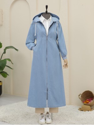 Önü Pliseli Yanı Lastikli Kapşonlu Kot Kap -Açık Mavi