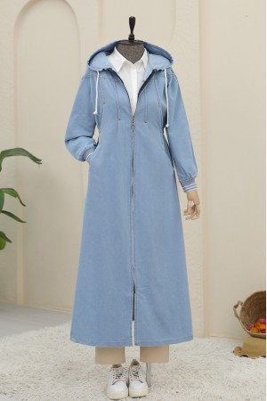 Önü Pliseli Yanı Lastikli Kapşonlu Kot Kap -Açık Mavi