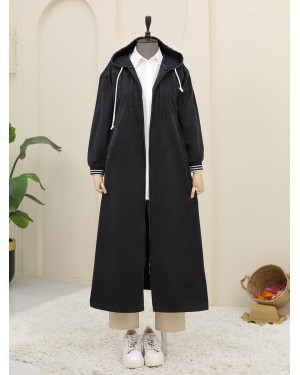 Pleated Front, Elastic Side, Hooded Denim Coat -Black