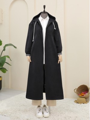 Önü Pliseli Yanı Lastikli Kapşonlu Kot Kap -Siyah