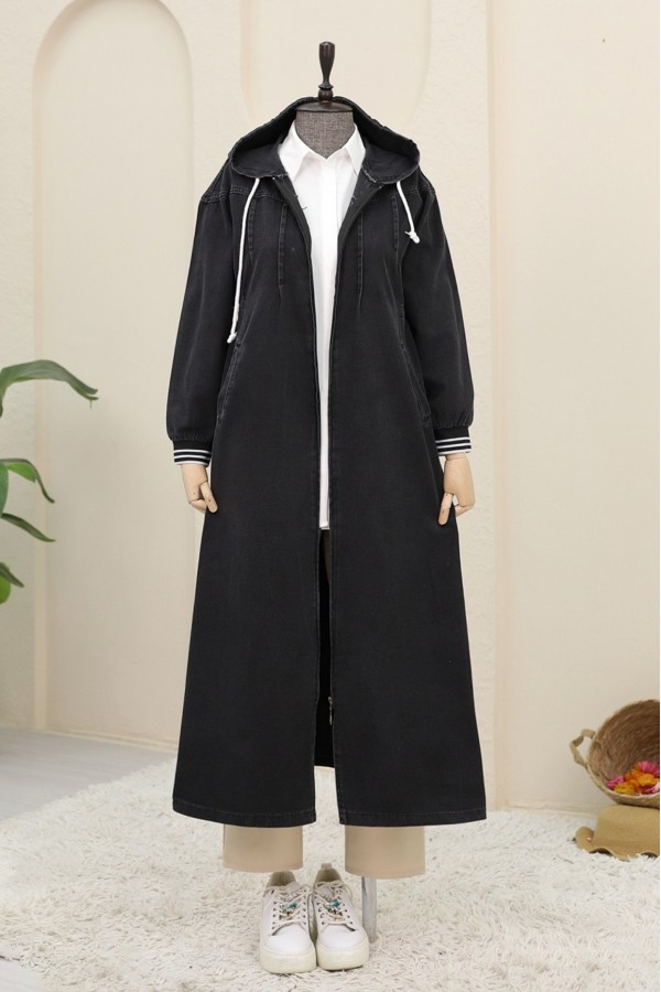 Pleated Front, Elastic Side, Hooded Denim Coat -Black