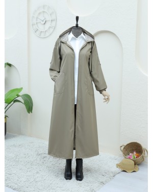 Metal Detailed Zippered Hooded Trench Coat  -Mink color