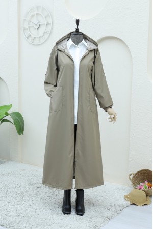 Metal Detaylı Fermuarlı Kapşonlu Trenckot  -Vizon